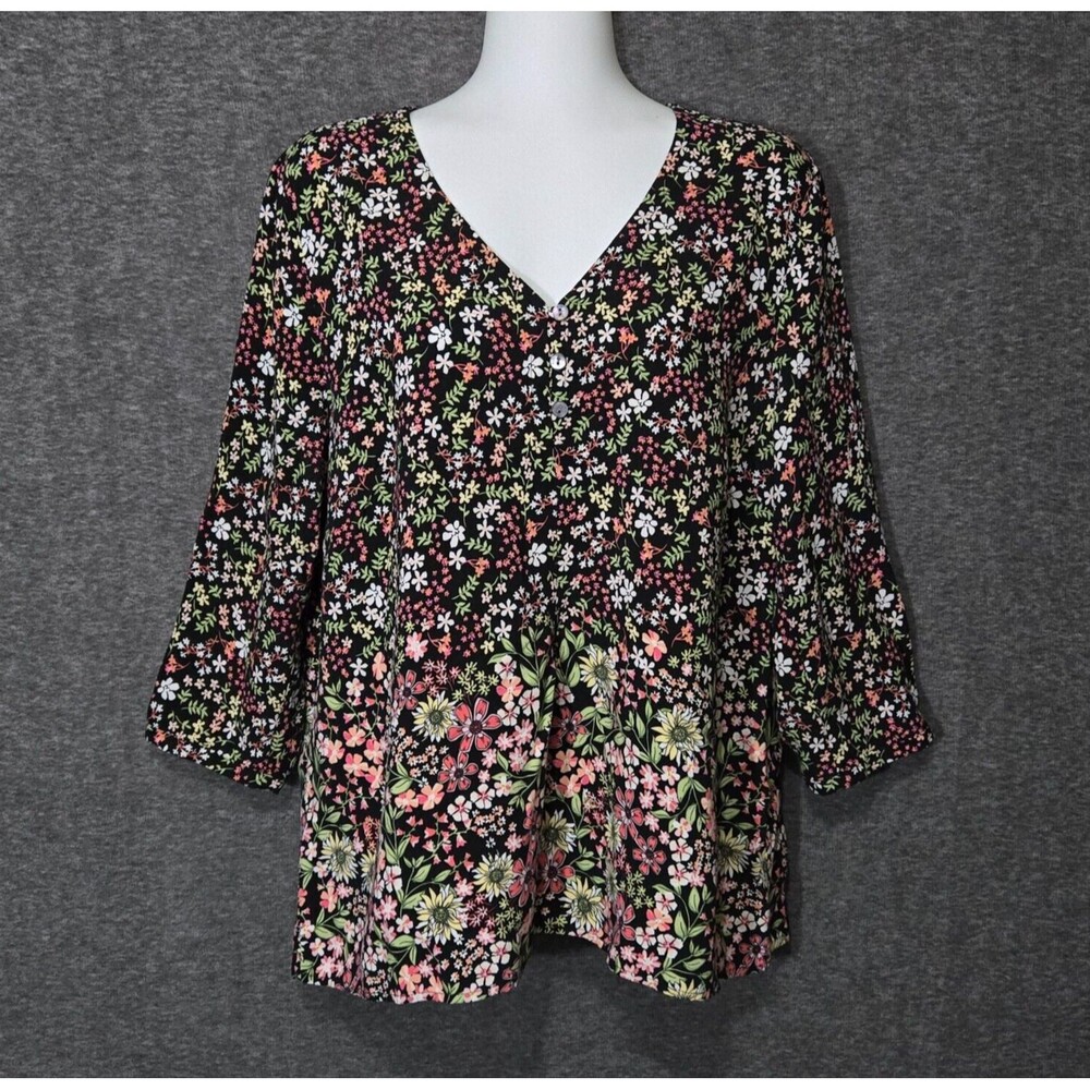 J Jill Top Womens Large Black Floral Print Popover Rayon A-Line Blouse